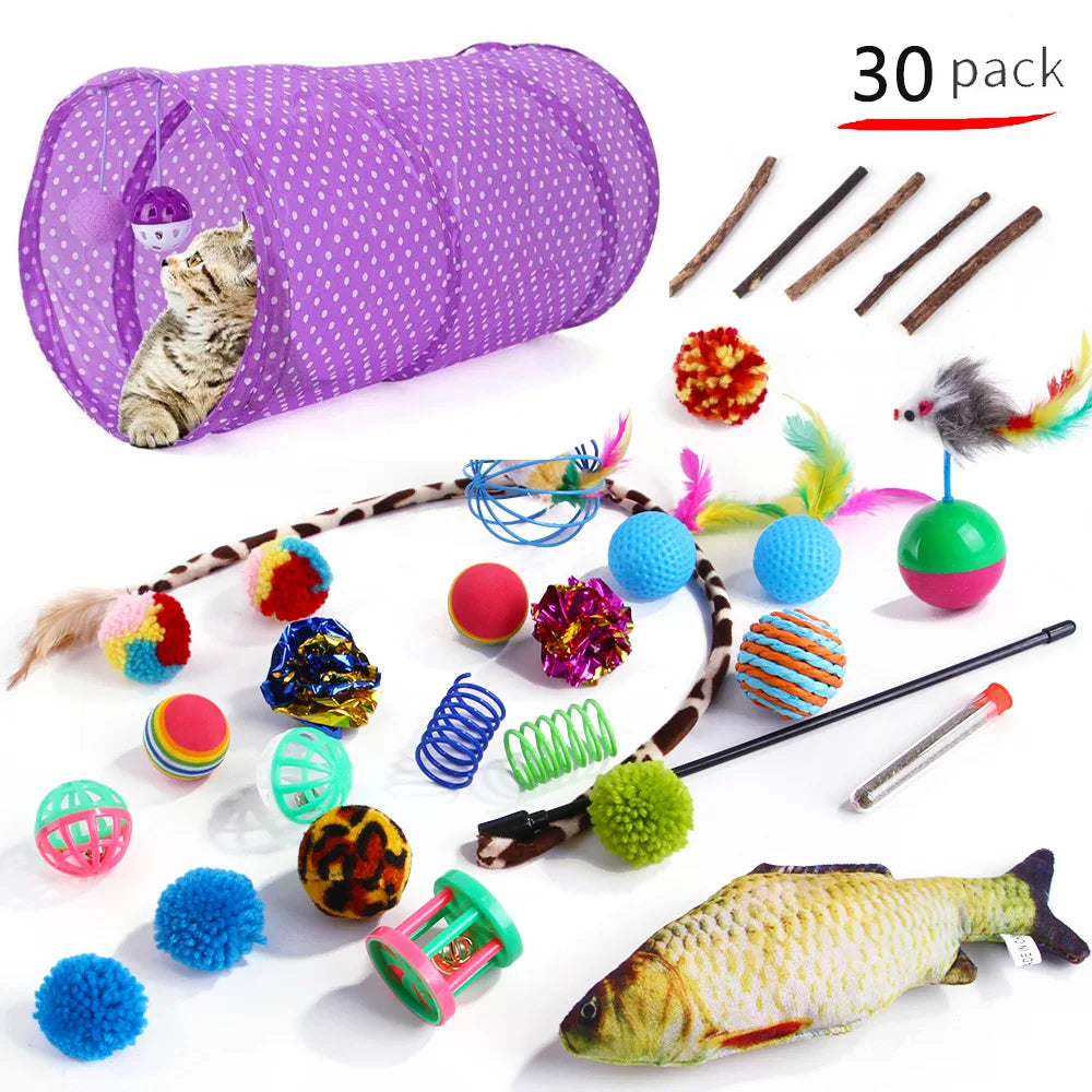 Cat Toy Mouse Shape Ball Foldable Cats Play Tunnel Chat Funny Cat Tent Simulation Fish Combination Set Kitten Supplie Accessorie
